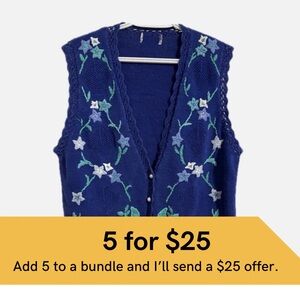 Vintage Floral Embroidered Blue Sweater Vest